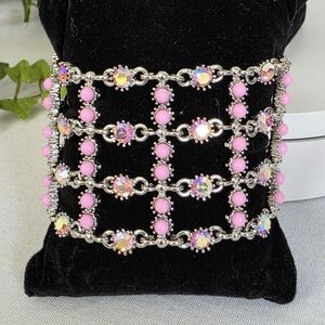 Vintage Wide Silver and Pink Lattice Bracelet
